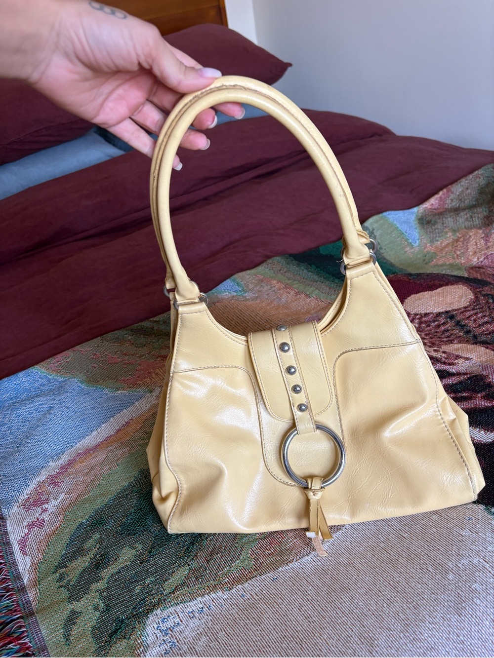 St. John's Bay Pale Yellow Leather Shoulder Bag with Ring Detail
